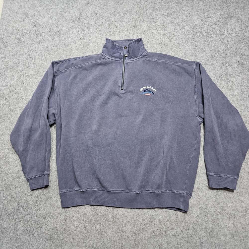 Tommy Bahama Relax Quarter Zip Dark Gray Blue Ribbed Knit Sweatshirt Men XL